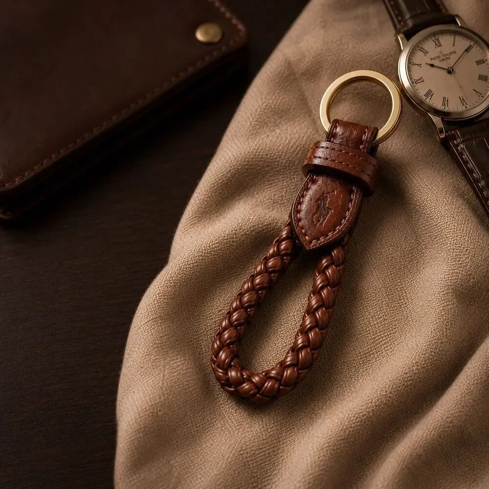 Polo Ralph Lauren Braided Genuine Leather Key Chain Brown Brass Ring NWT Pony
